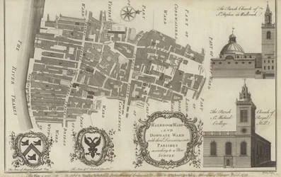 Kaart van Walbrook Ward en Dowgate Ward, Londen