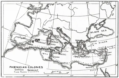 Kaart van de Fenicische koloniën en hun mediterrane handelsroutes