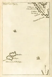 Kaart met de locatie van Lilliput uit de eerste editie van Reizen naar verschillende afgelegen landen van de wereld, beter bekend als Gullivers Reizen door Jonathan Swift
