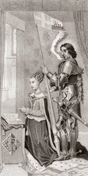 Margaretha van Denemarken met St. Canute, patroonheilige van Denemarken, achter haar met een banier met het kruis van de kruistochten