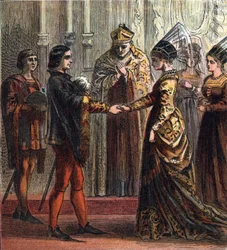 Huwelijk van koning Hendrik V van Engeland (1387-1422) met Catharina van Valois (1401-1437) in 1420. „Huwelijk van Hendrik V”, 1420. Hendrik trouwde met Catharina, dochter van de koning van Frankrijk.