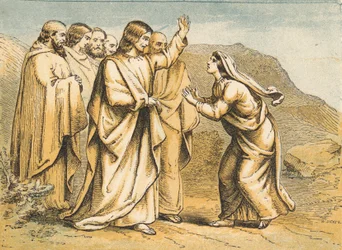 Martha ontmoet Jezus na de dood van Lazarus (gekleurde gravure)