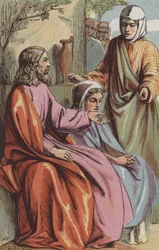 Martha vraagt onze Heer om Maria te laten helpen (gekleurde gravure)