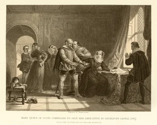 Mary Queen of Scots gedwongen haar troonsafstand te ondertekenen in Lochleven Castle