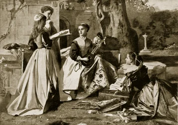 Mary Queen of Scots in een kloostertuin, illustratie uit Hutchinsons Story of the British Nation, ca. 1923
