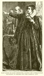 Mary Queen of Scots protesteert tegen de commissarissen die zijn aangesteld om haar gedrag te onderzoeken, 1568
