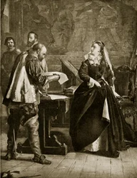 Mary Queen of Scots ondertekent haar abdicatie, juli 1567, illustratie uit Hutchinsons Story of the British Nation, ca. 1923