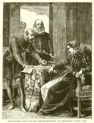 Mary Stuart tekent haar Ontslag, in Kasteel Lochleven, 1567