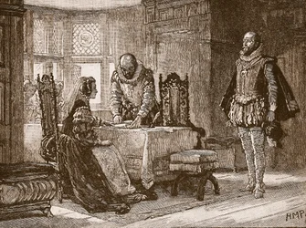 Mary ondertekent de akte van troonsafstand in Lochleven Castle, illustratie uit Cassells Geïllustreerde Geschiedenis van Engeland