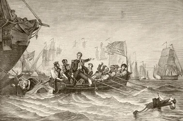Commandant Oliver Hazard Perry die overgaat van US Brig Lawrence naar US Brig Niagra tijdens de Slag bij Lake Erie
