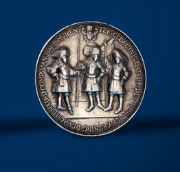 Medaille ter herdenking van de kroningsfestiviteiten van Willem en Mary in Amsterdam, 1869 (zilver) (achterkant van 419671)