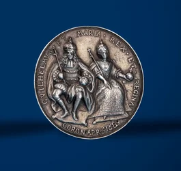 Medaille ter herdenking van de kroningsfestiviteiten van Willem en Mary in Amsterdam, 1869 (zilver) (voorkant van 419669)