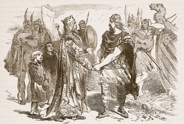 Bijeenkomst van Edmund Ironside en Canute op het eiland Alney in de Severn in 1016, illustratie uit Cassells Illustrated History of England