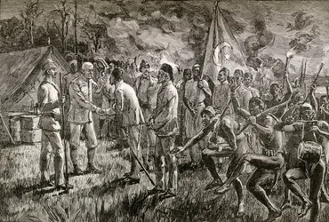 Mehmet Emin Pasha en Gaetano Casati arriveren bij het kamp van Sir Henry Morton Stanley aan de oever van het Albertmeer in 1889