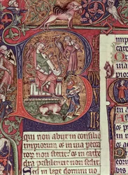Mms 9961-2 Historiated Initial B uit de Peterborough Psalter met een afbeelding van koning David die de harp bespeelt, Engels, c.1310-20