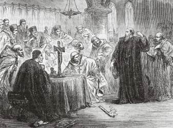 Mollio gooit zijn fakkel neer voor de Inquisitie, illustratie uit De Geschiedenis van het Protestantisme door James Aitken Wylie, gepubliceerd in 1878