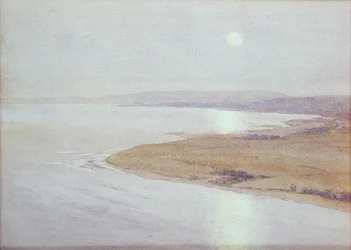 Kustscène bij maanlicht (aquarel op papier)