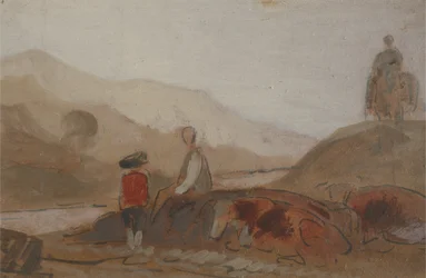 Bergachtig landschap met figuur bij een meer