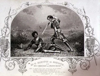 Mr. H. Marston als Hotspur en Mr. F. Robinson als Prins Hendrik, Act V Scene 4 uit Henry IV (Part I) van een daguerreotype door Paine van Islington, uitgegeven door John Tallis & Co. (litho)
