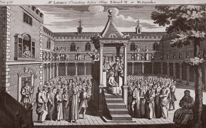 Meneer Latimer predikend voor koning Edward VI in Westminster, illustratie uit Foxes Martelaren ca. 1703