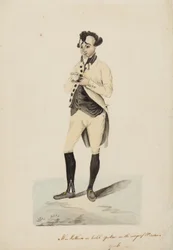 Mr. Matthews als Caleb Quotem in de Wags of Windsor, York, ca. 1820