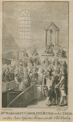 Mevrouw Margaret Caroline Rudd tijdens haar proces in het nieuwe Sessions House in de Old Bailey