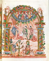 Ms 274 (Y-6) fol.33 De Aankondiging aan de Herders en de Vlucht naar Egypte, uit het Missaal van Robert van Jumieges, c.1016