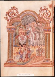 Ms 274 (Y-6) fol.36v De wijzen bezoeken koning Herodes, uit het Missaal van Robert van Jumièges, ca. 1016