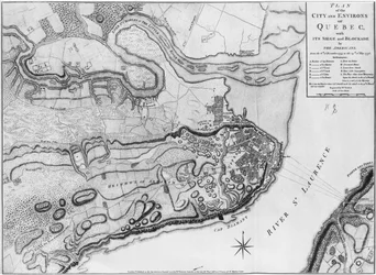 Ms A 224 f.8 Kaart van de stad en omgeving van Quebec met zijn belegering en blokkade door de Amerikanen, illustratie uit de 