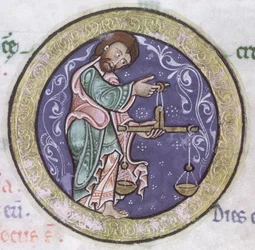 Ms Hunter 229 f.5r Weegschaal, uit de Hunterian Psalter, ca.1170 (detail)