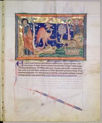Ms L.A. 139-Lisboa fol.34 De rode draak draagt zijn macht over aan het beest van de zee, uit de Gulbenkian Apocalyps, ca. 1265-70