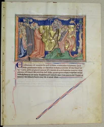 De mensen aanbidden het beest en de draak, uit de Gulbenkian Apocalyps, c.1265-70
