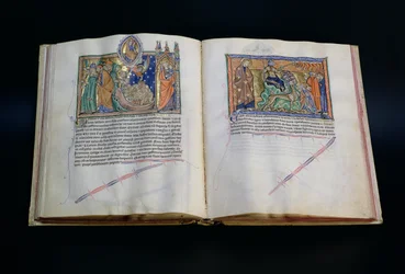 Het beest lastert Gods naam, en de mensen aanbidden het 3e en 2e beest, uit de Gulbenkian Apocalyps, c.1265-70