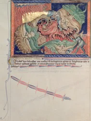 De kaken van de hel slikken de rode draak, het beest van de zee en het beest van de aarde in, uit de Gulbenkian Apocalyps, c.1265-70