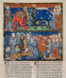 Ms R.16.2 f.14b Het doden van het zevenkoppige beest, uit de Apocalyps van de Drie-eenheid, Anglo-Normandisch, ca.1250 (perkament)