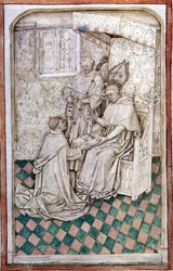 Ms R 14.5 f.8v Thomas Bekynton, Bisschop van Bath en Wells, ontvangt Chaundler, uit het Abingdon Missaal, 1457-61