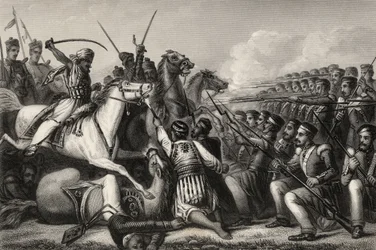 Mutinier cavalerie valt een infanterie vierkant aan bij de Slag om Cawnpore in 1857, uit 