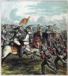 Napoleontische oorlog: de Slag bij Waterloo op 18/06/1815. De Franse cavalerie van Napoleon I viel het Engelse leger aan, de nederlaag van de Fransen markeerde het einde van het rijk van Napoleon I. De Slag bij Waterloo