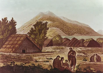 Inboorlingen, met hutten en bergen op de achtergrond, gegraveerd door F. Fumagalli (kleurgravure)
