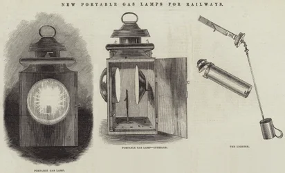 Nieuwe draagbare gaslampen voor spoorwegen (gravure)