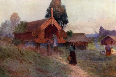 Nieuw-Zeeland: Een Pataka (kleurenlitho)