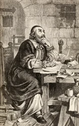 Nicholas Ridley schrijft brieven in de gevangenis terwijl hij wacht op zijn executie, ca. 1865