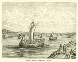 Normandische schepen die een rivier opvaren