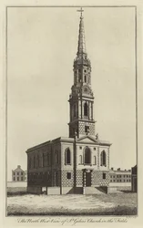Noordwestelijk uitzicht op de kerk van St. Giles in the Fields, Londen