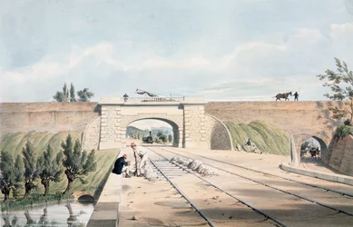 North Midland-lijn onder het Cromford-kanaal bij Bull Bridge, uitgegeven door Day und Haghe