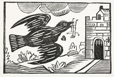Nu door een raaf van grote kracht, werd arme Tom weggevoerd, illustratie uit Chap-books van de Achttiende Eeuw door John Ashton, uitgegeven 1882