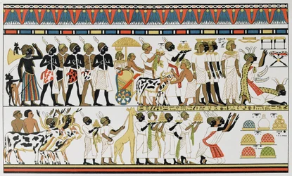Nubische stamhoofden brengen geschenken aan de Koning van Egypte, kopie van een Oud-Egyptische muurschildering uit een graf in Thebe, ca.1380 v.Chr., uit De Geschiedenis van de Mensheid, Vol.III, door Prof. Friedrich Ratzel, 1898