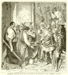 Odoaker dwingt Romulus Augustulus om afstand te doen van de keizerlijke waardigheid