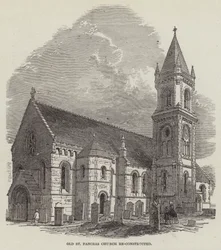 Oude St Pancras-kerk herbouwd (gravure)