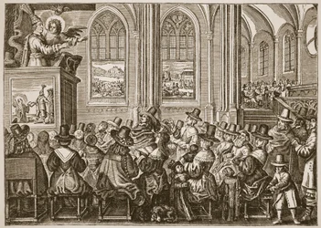 Oliver Cromwell predikt voor een puriteinse gemeente, illustratie uit De Kerk van Engeland: Een Geschiedenis voor het Volk door H.D.M. Spence-Jones